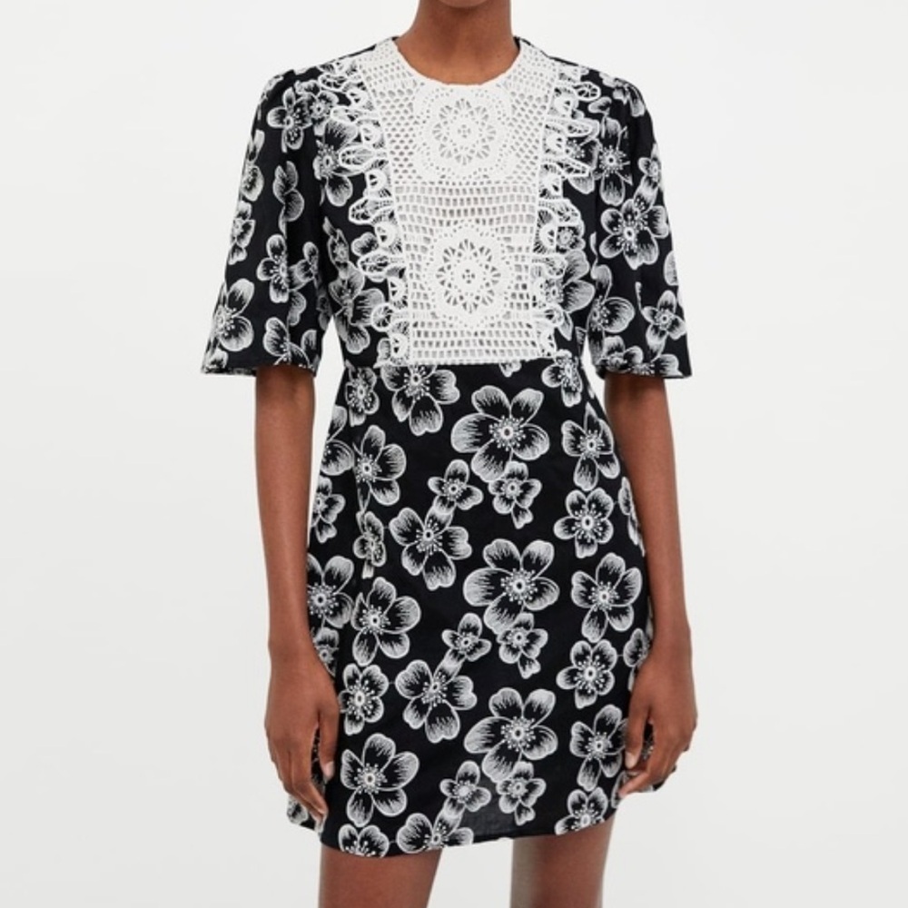 Zara crochet bib floral embroidered dress